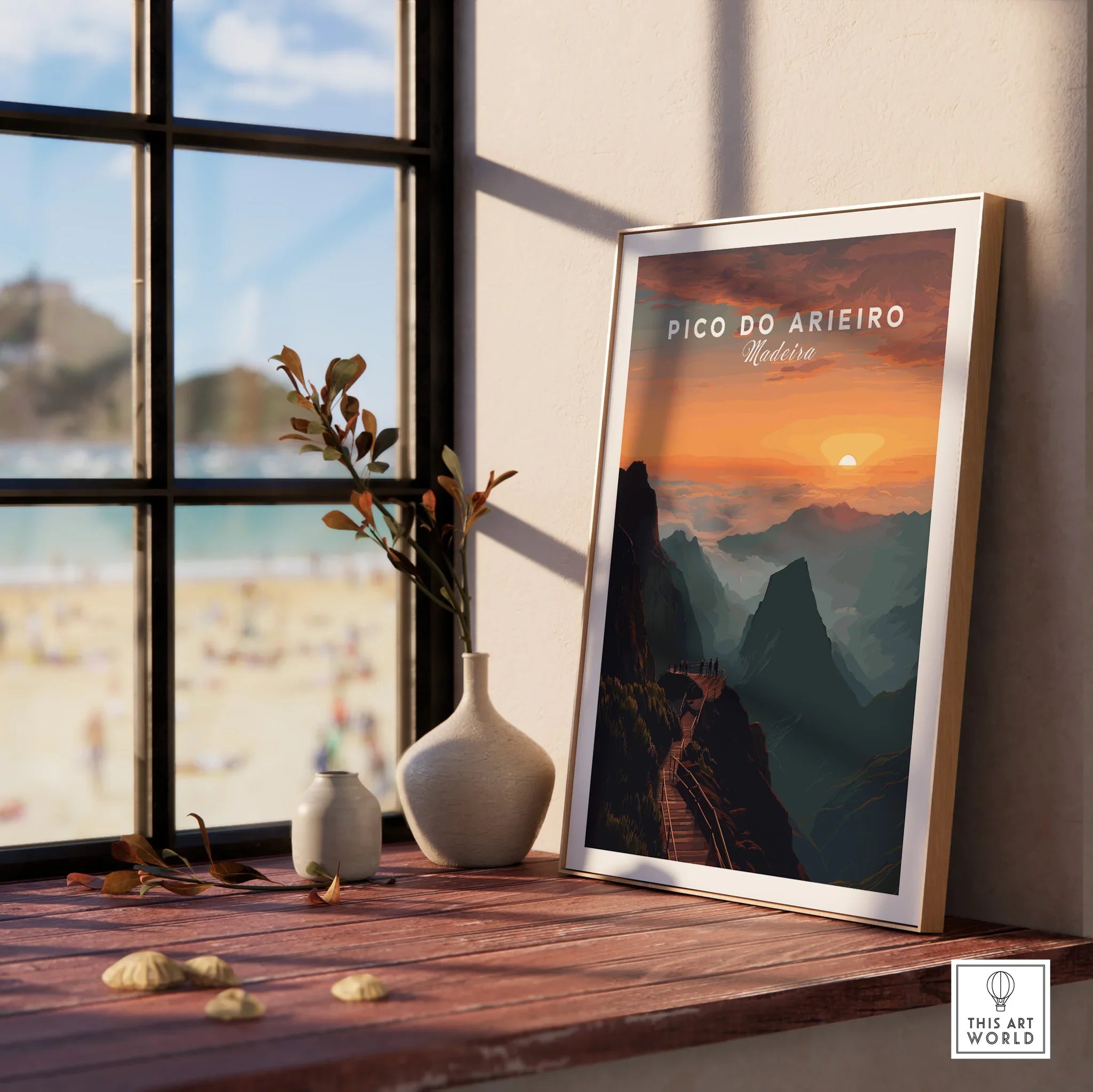 Framed Pico do Arieiro Madeira travel poster on window ledge with sunset mountain view