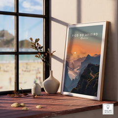 Framed Pico do Arieiro Madeira travel poster on windowsill with vases, mountain sunrise art