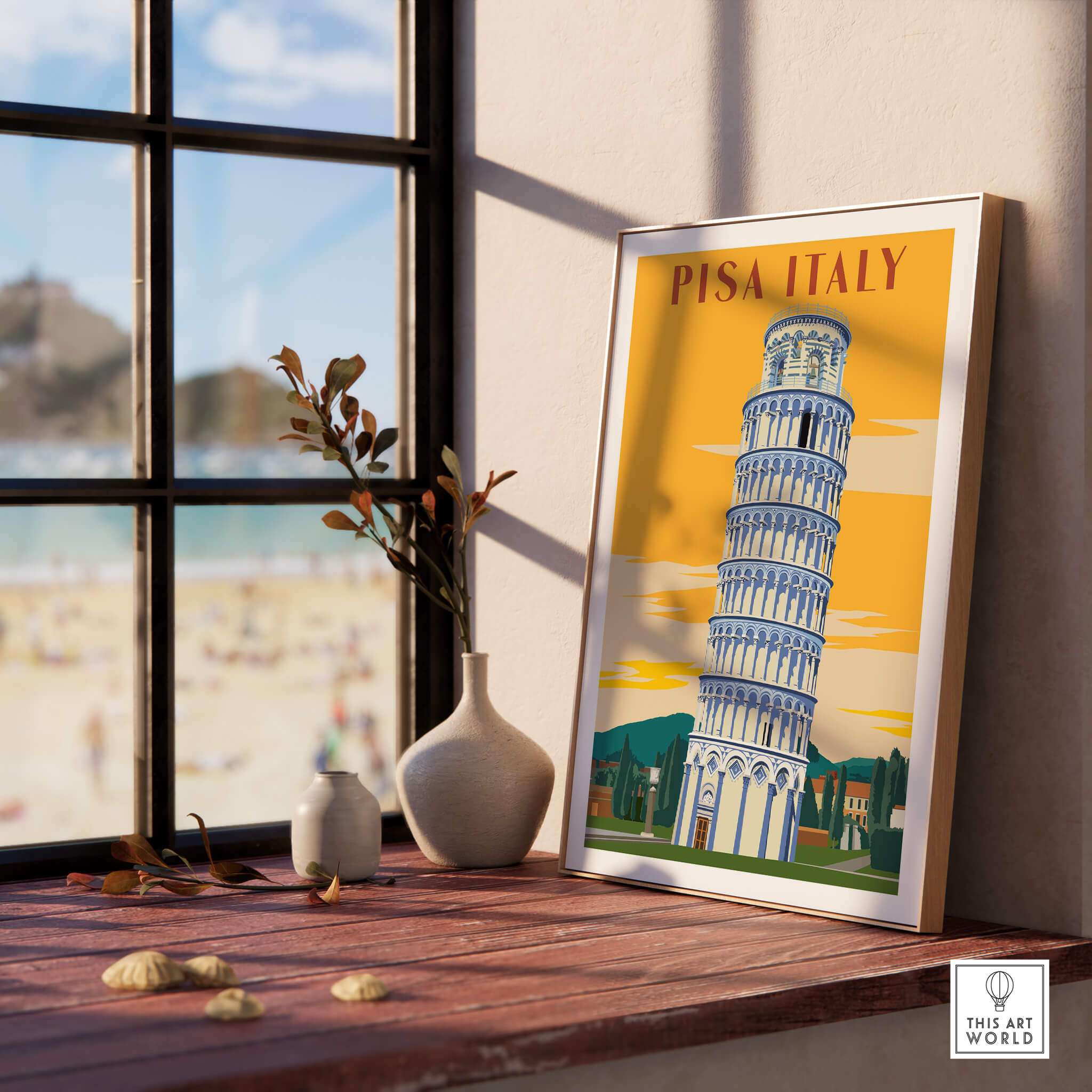 Pisa Tower Print Poster Italy Wall Art displayed in a cozy interior with beach view and decorative elements.