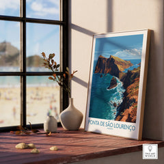 Framed Ponta de São Lourenço Madeira travel poster on windowsill with beach view