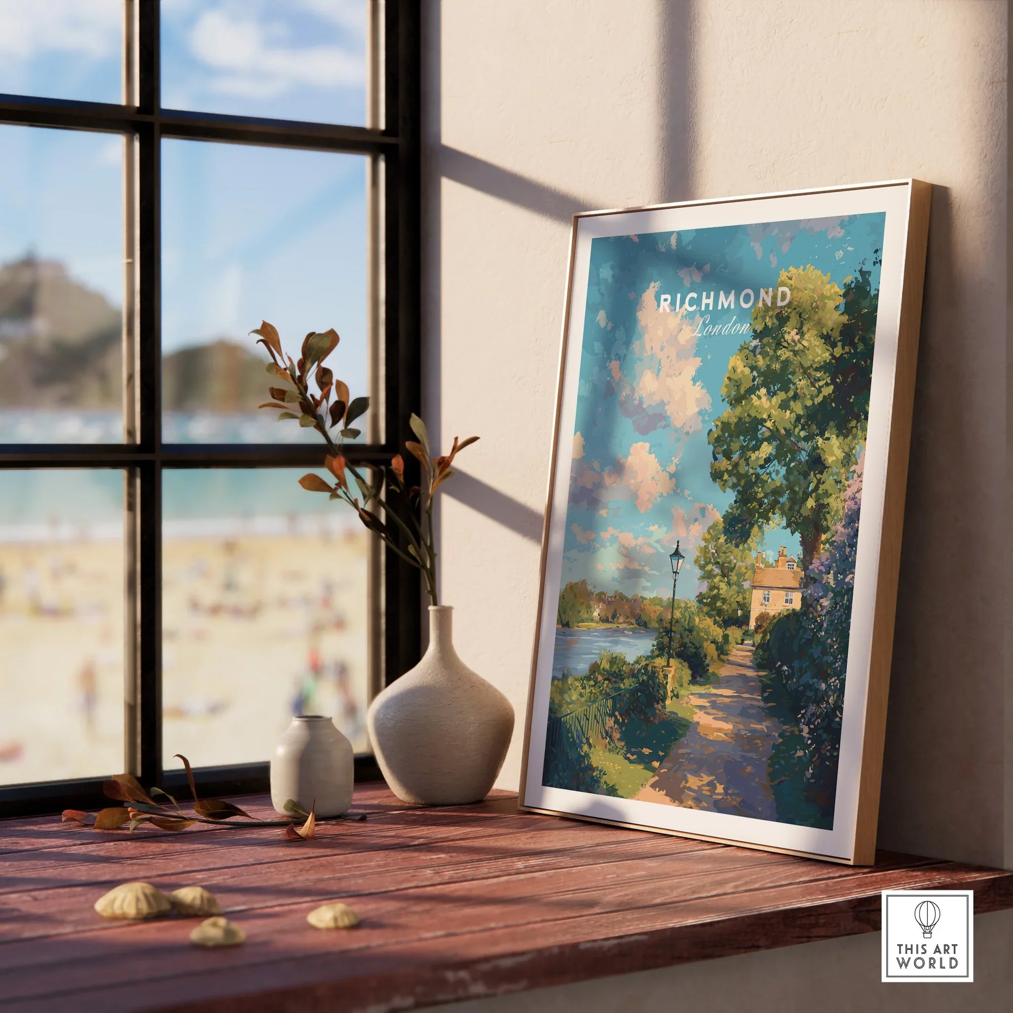 Framed Richmond London art print in natural wood frame on windowsill with vases and decor