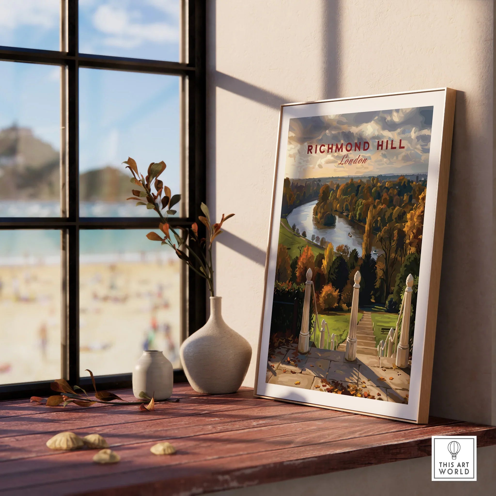 Richmond Hill London travel art print in natural wood frame on window sill with vases
