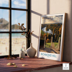 Richmond Hill London framed art print on windowsill with vases, scenic landscape poster