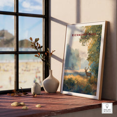 Richmond Park art print in natural wood frame on window ledge with decorative vases