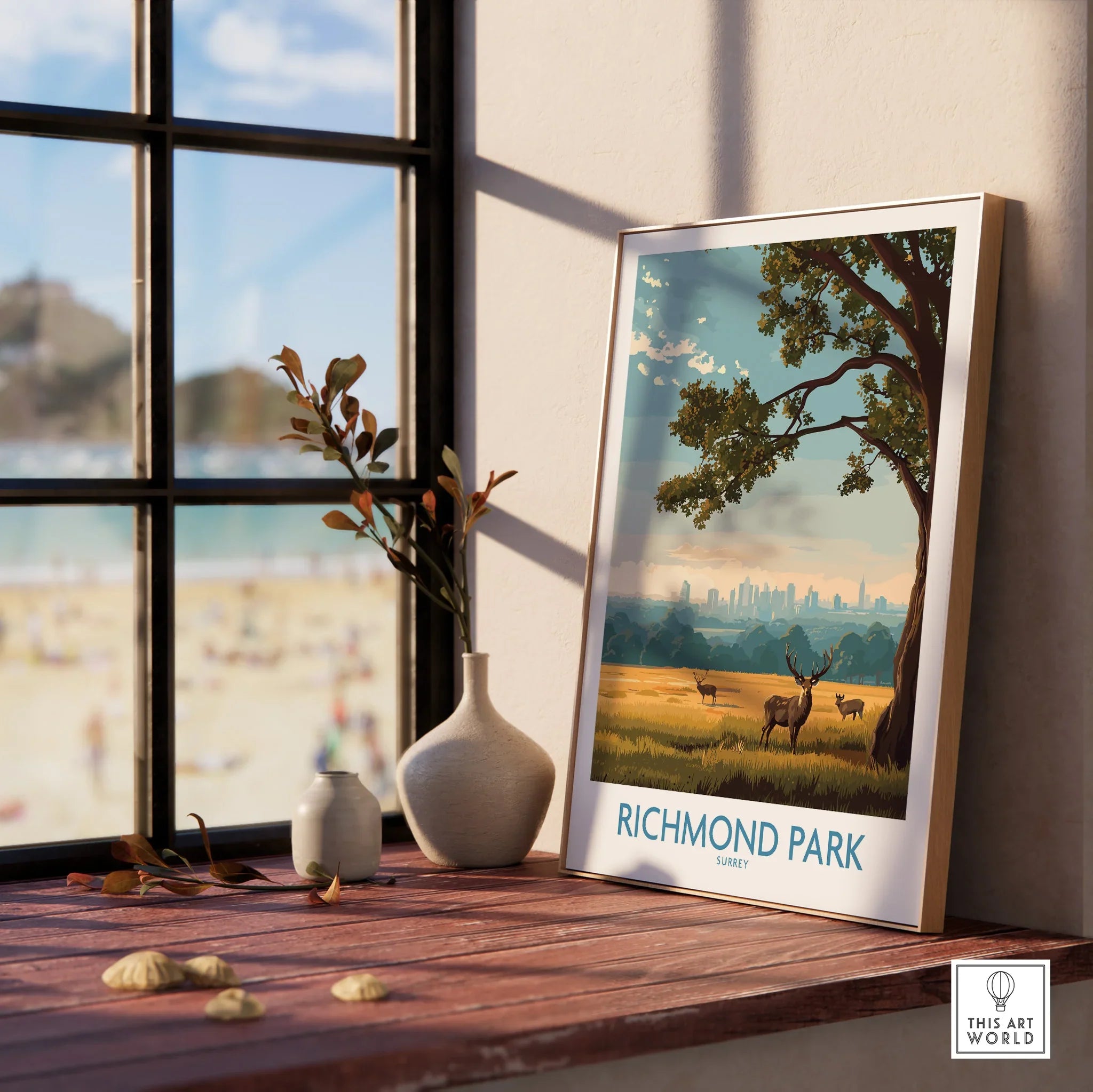 Framed Richmond Park art print on a windowsill with vases and city skyline illustration