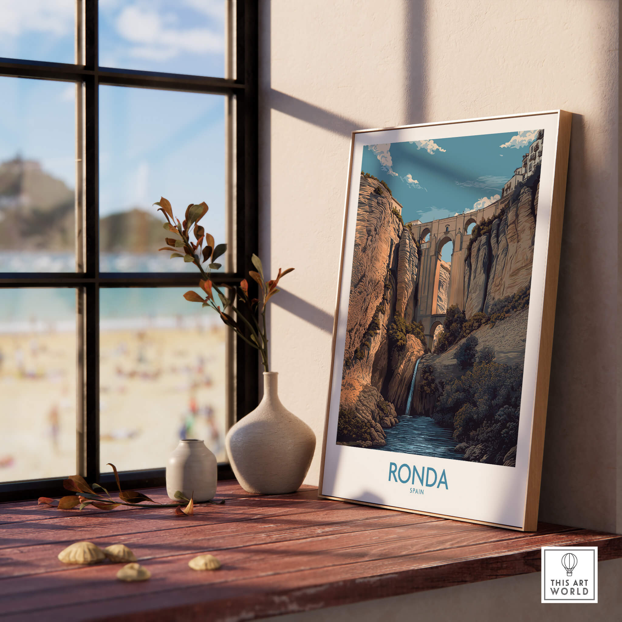 Ronda Spain Poster | Dramatic Andalusian Mountain Bridge Canvas Print displayed in a cozy interior with a view