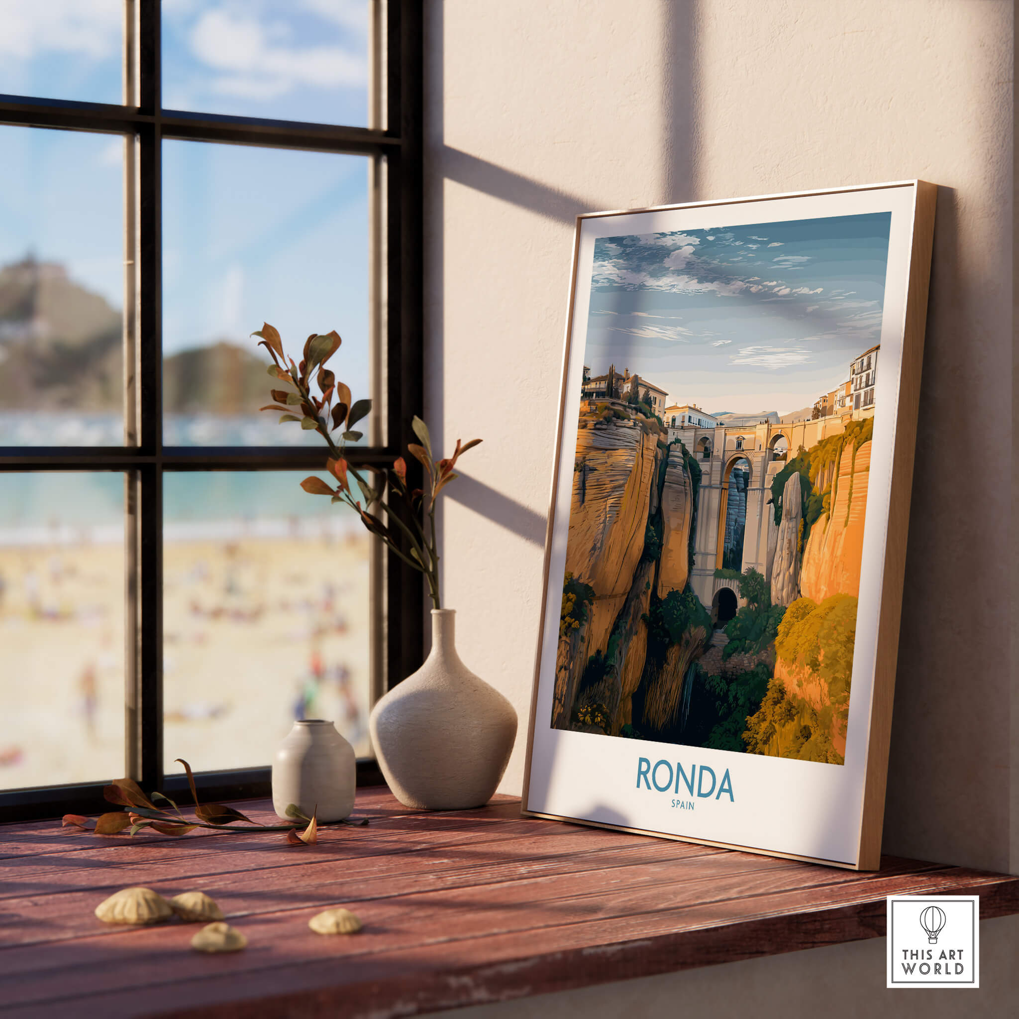Ronda Spain Poster | Iconic Stone Bridge & Valley View Canvas Print displayed in a bright interior setting.