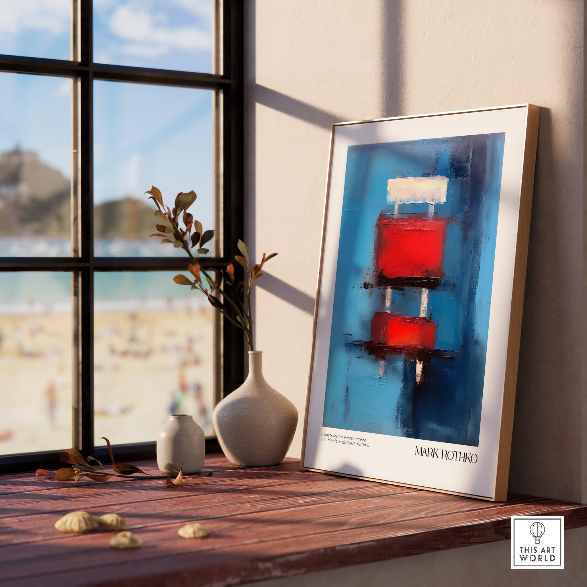 Rothko Inspired Abstract Red Blocks Art Print | Blue Background Wall Decor displayed in a sunlit room near a window.