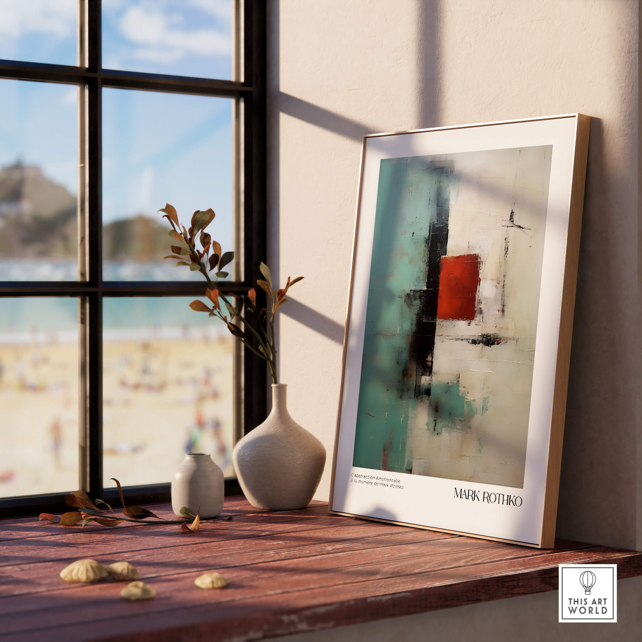 Rothko Inspired Abstract Red and Mint Art Print | Mid-Century Modern Wall Decor displayed in a sunlit room.