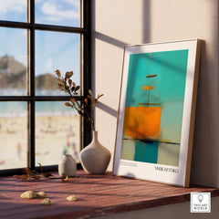 Rothko Inspired Abstract Turquoise Orange Art Print | Minimalist Wall Decor showcased in a stylish interior by the window.
