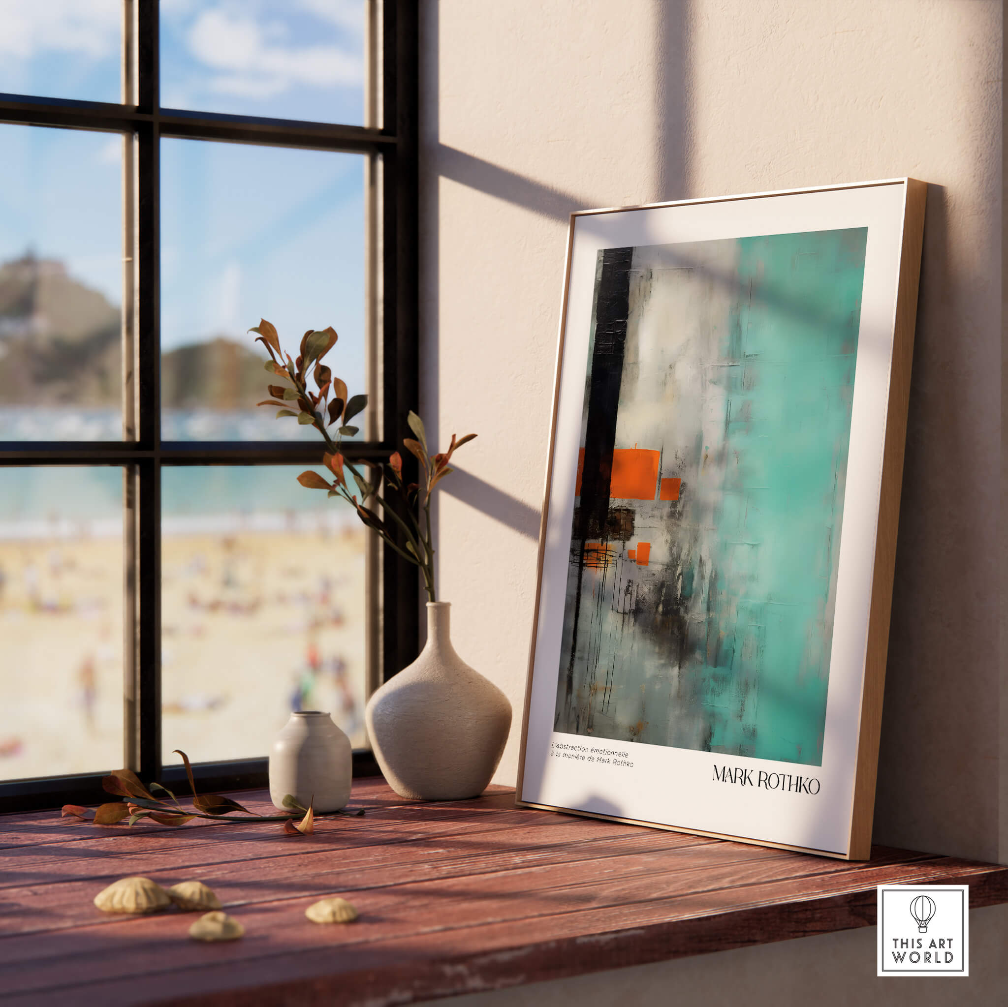 Rothko Inspired Abstract Mint and Orange Art Print | Expressionist Style Wall Decor displayed in a bright room by a window.