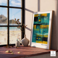 Rothko Inspired Abstract Yellow and Teal Art Print | Modern Poster displayed in a sunny room by a window.