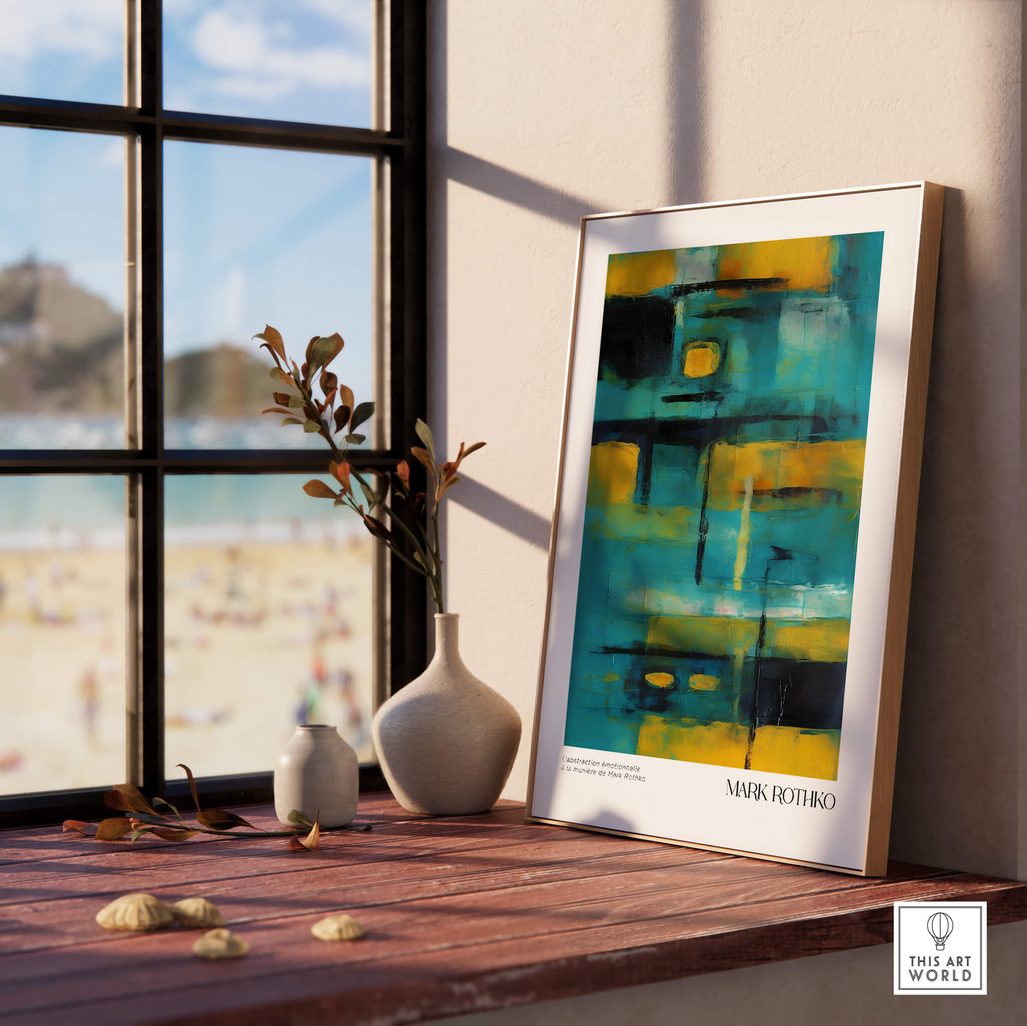 Rothko Inspired Abstract Yellow and Teal Art Print | Modern Poster displayed in a sunny room by a window.