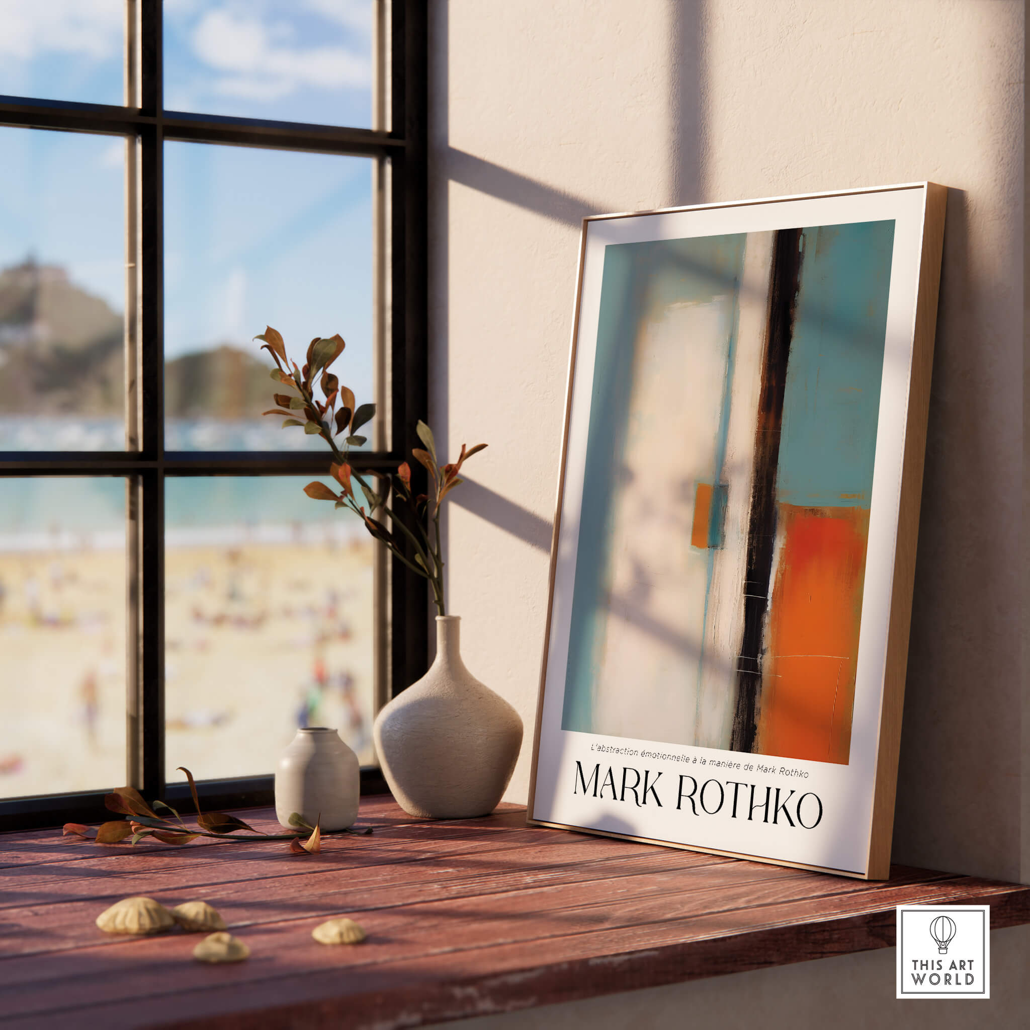 Rothko Inspired Abstract Teal and Orange Art Print | Minimalist Canvas Poster displayed near a window with beach view.