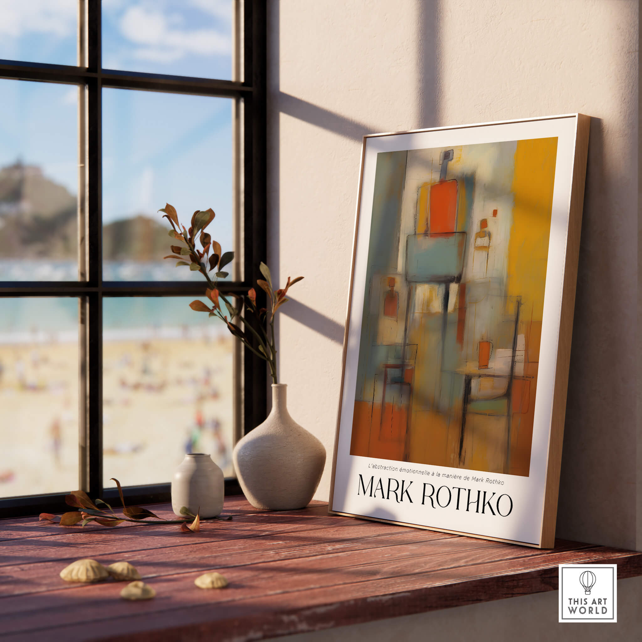 Rothko Style Emotional Abstraction Painting | Modern Abstract Wall Decor displayed in a bright room with a beach view.