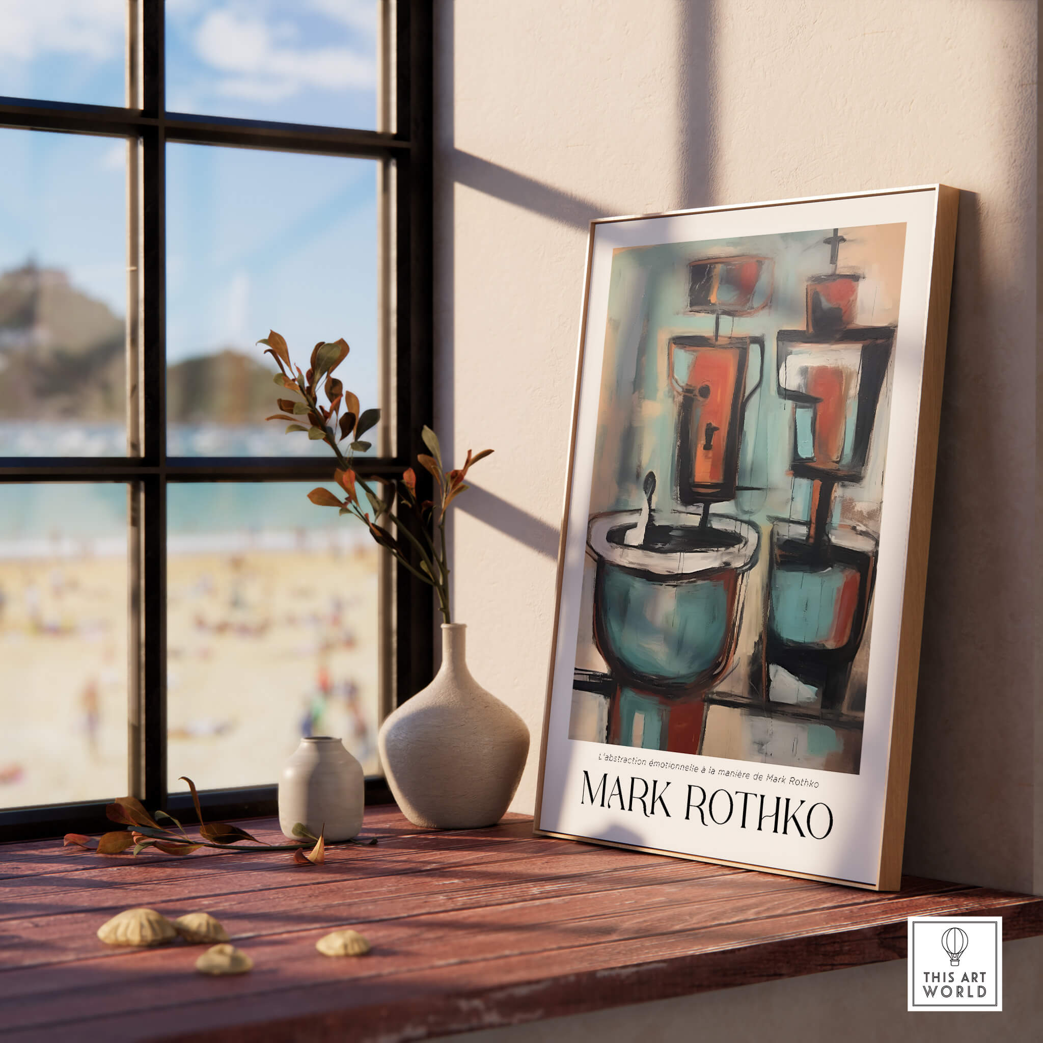 Rothko Style Cubist Abstract Painting | Contemporary Wall Decor displayed near a window with beach view.