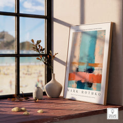 Rothko Inspired Abstract Pastel Color Art Print | Minimalist Vertical Blocks Poster displayed on a sunlit windowsill.