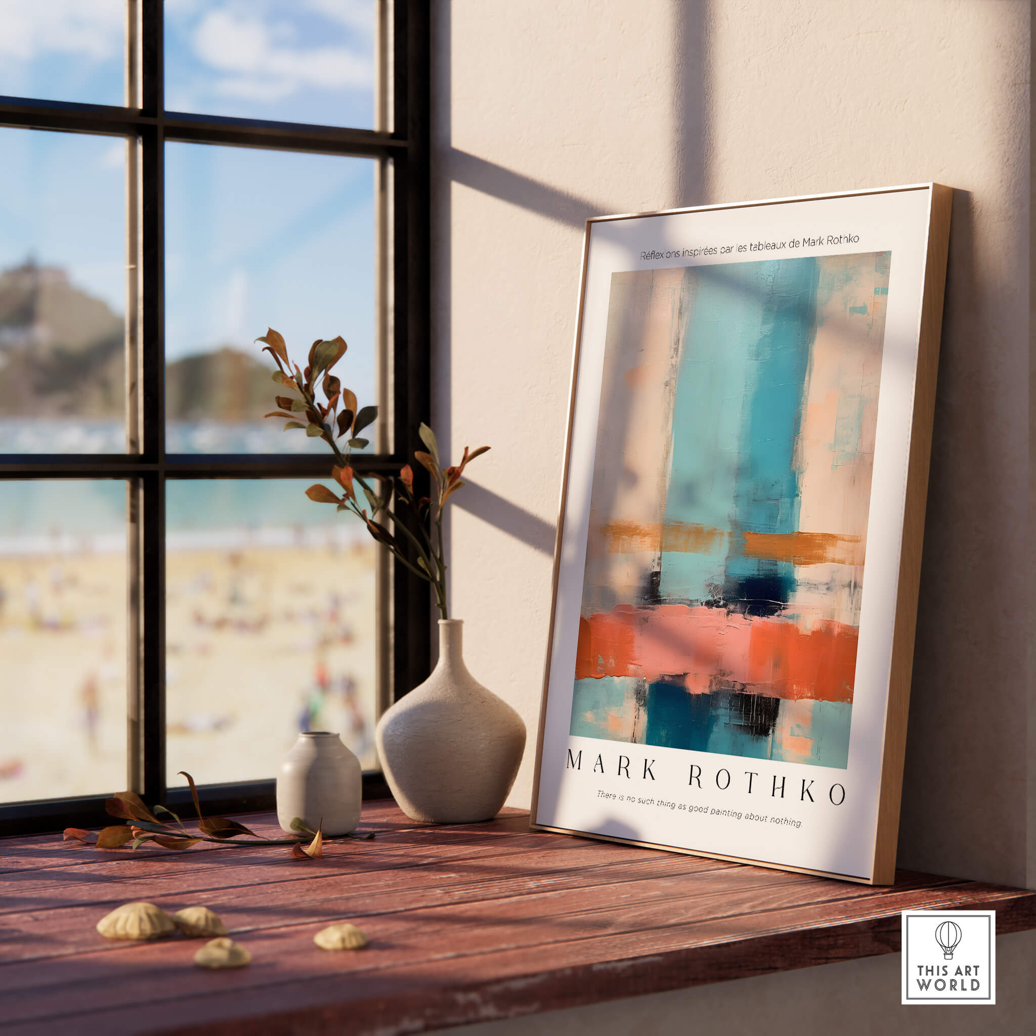 Rothko Inspired Abstract Pastel Color Art Print | Minimalist Vertical Blocks Poster displayed on a sunlit windowsill.
