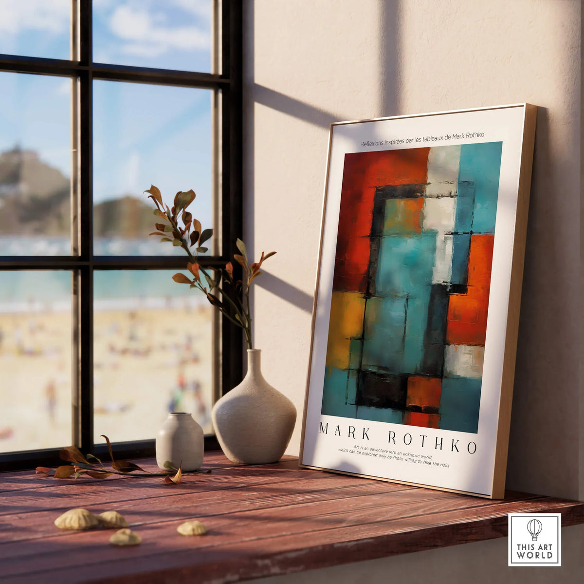 Rothko Style Modern Expressionist Painting Poster | Contemporary Wall Art displayed on a shelf with beach view.