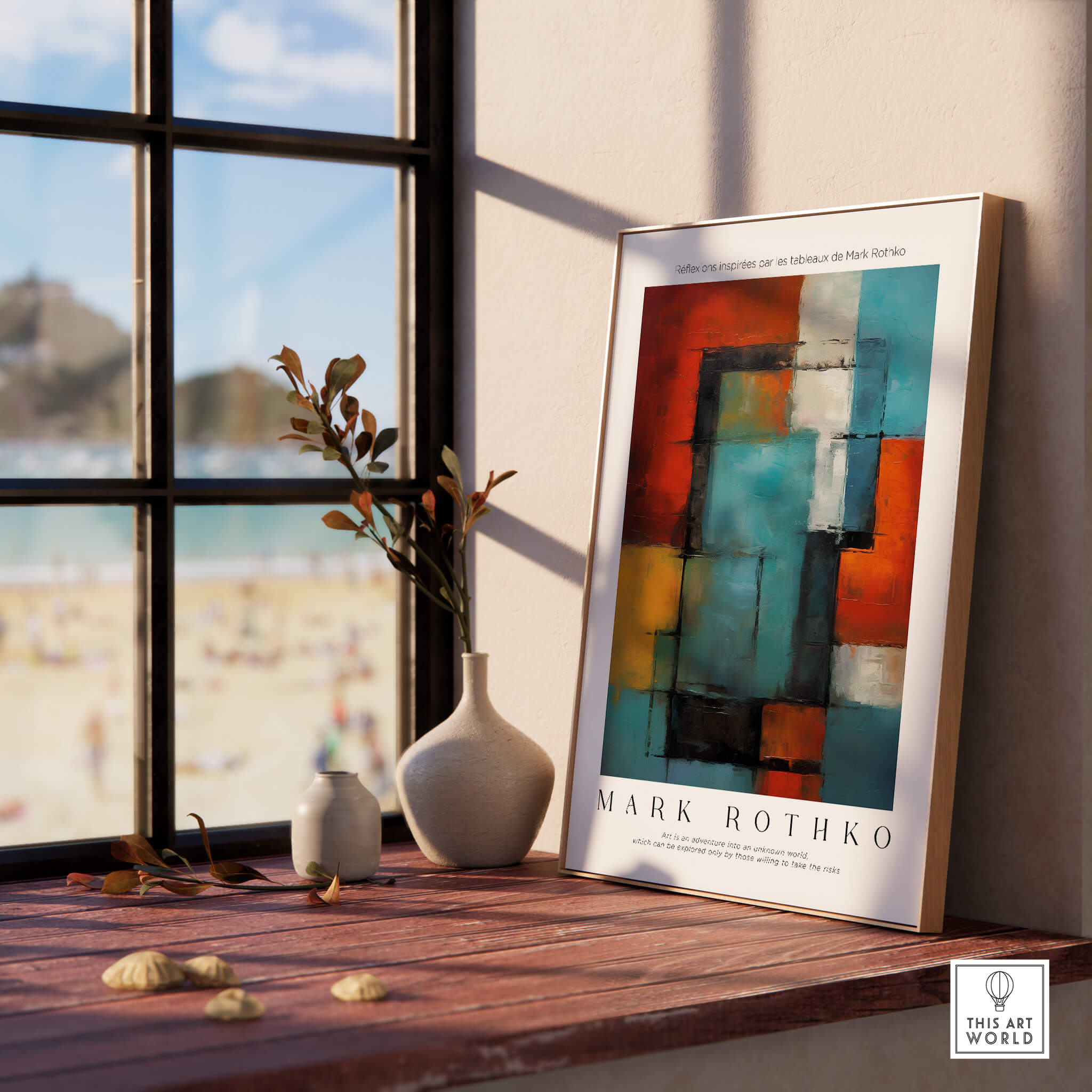Rothko Style Modern Expressionist Painting Poster | Contemporary Wall Art displayed on a shelf with beach view.