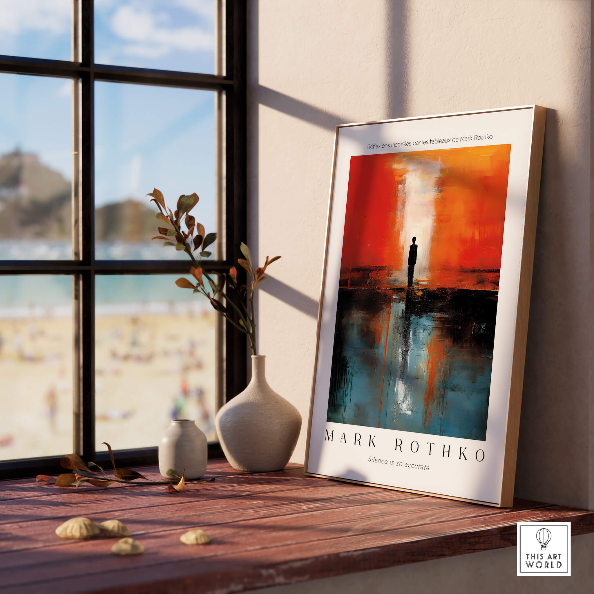 Rothko Style Minimalist Landscape Abstraction Print | Modern Wall Decor displayed on a shelf by a window.