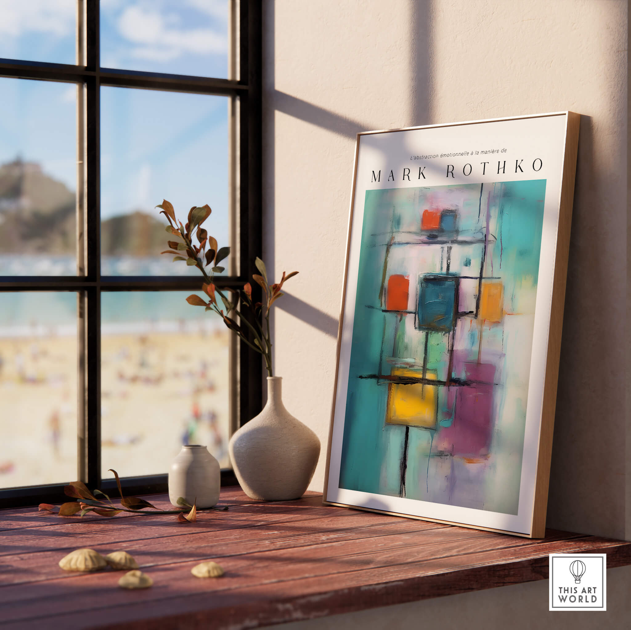 Rothko Style Floating Blocks Painting Print | Modern Abstract Canvas Wall Decor displayed near a window with beach view.