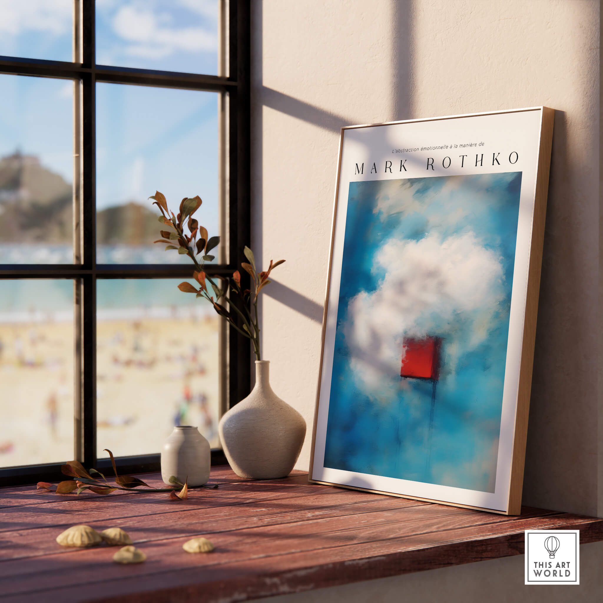 Rothko Style Minimalist Cloud Painting Print | Modern Abstract Wall Decor displayed on a wooden table near a window.