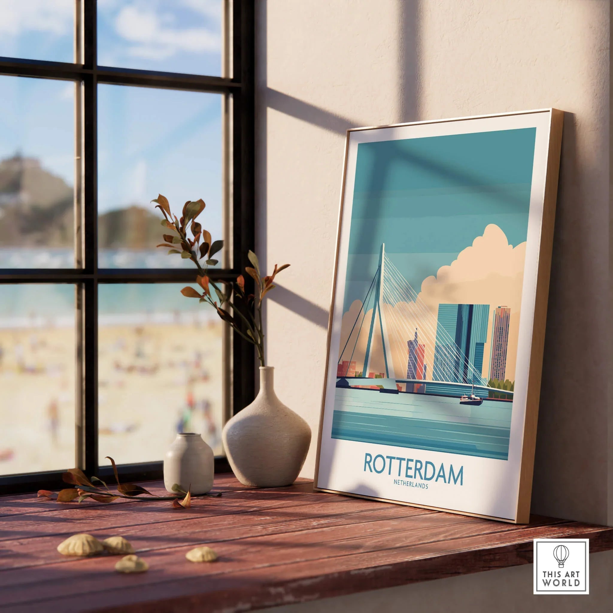 Framed Rotterdam city skyline art print with Erasmus Bridge on windowsill, modern home decor