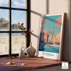 Framed Rotterdam skyline print with colorful cityscape on windowsill, beach view outside