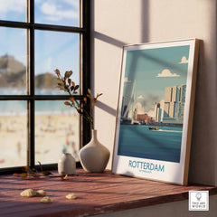 Rotterdam travel poster in natural wood frame on windowsill, city skyline wall art decor