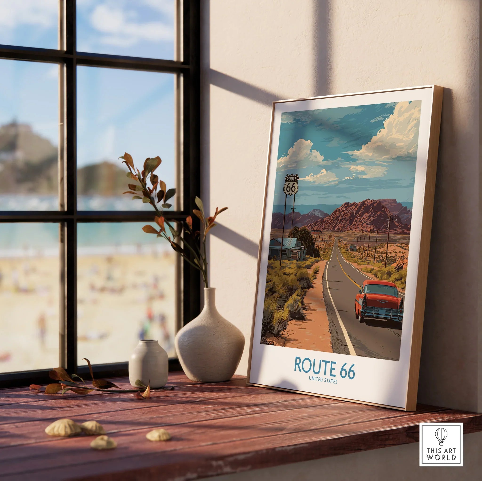Framed Route 66 travel poster on windowsill with vases, scenic road and vintage car art