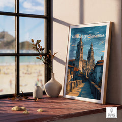Santiago de Compostela Spain Print | Camino Wall Decor displayed in a sunlit room with a beach view.