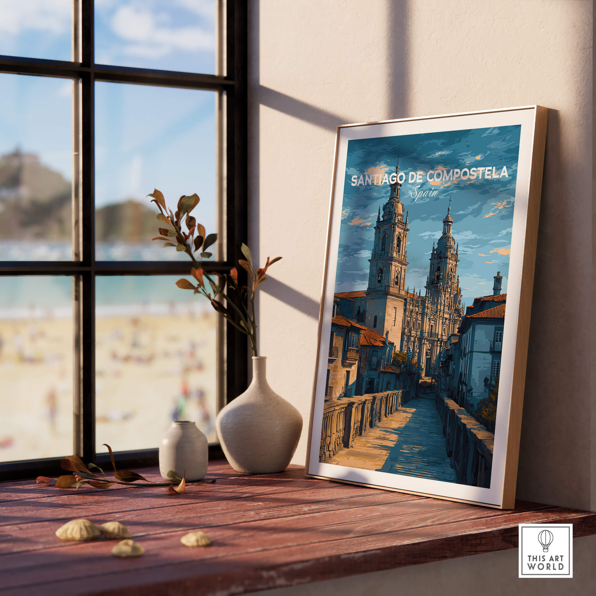 Santiago de Compostela Spain Print | Camino Wall Decor displayed in a sunlit room with a beach view.