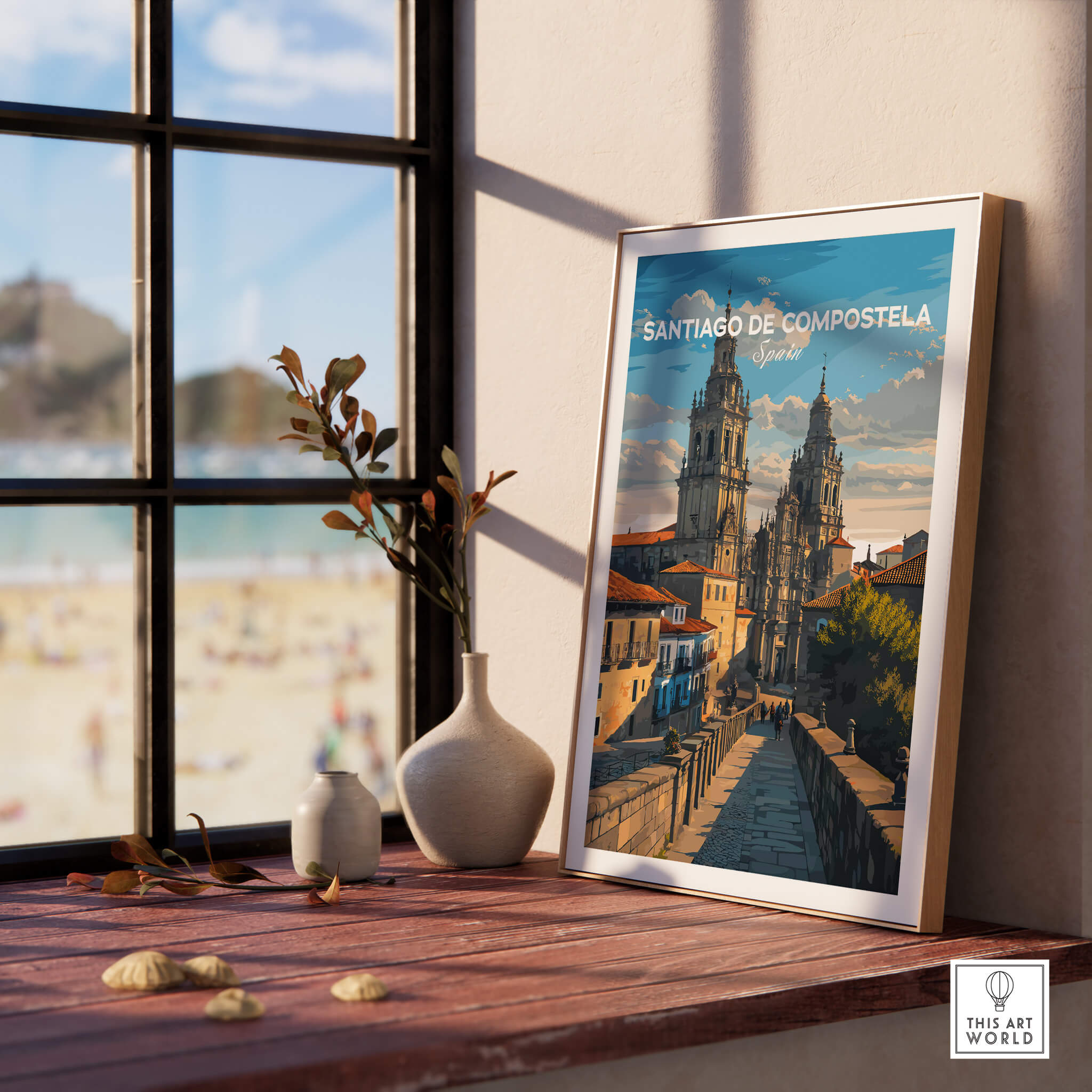 Santiago de Compostela Obradoiro Square View Print | Spanish Religious Art displayed in a bright room with beach view.