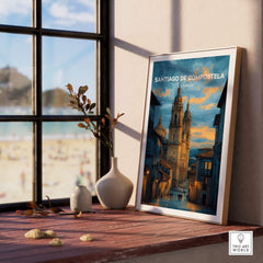 Santiago de Compostela Print | Galician Home Decor displayed in a stylish interior setting with a beach view.
