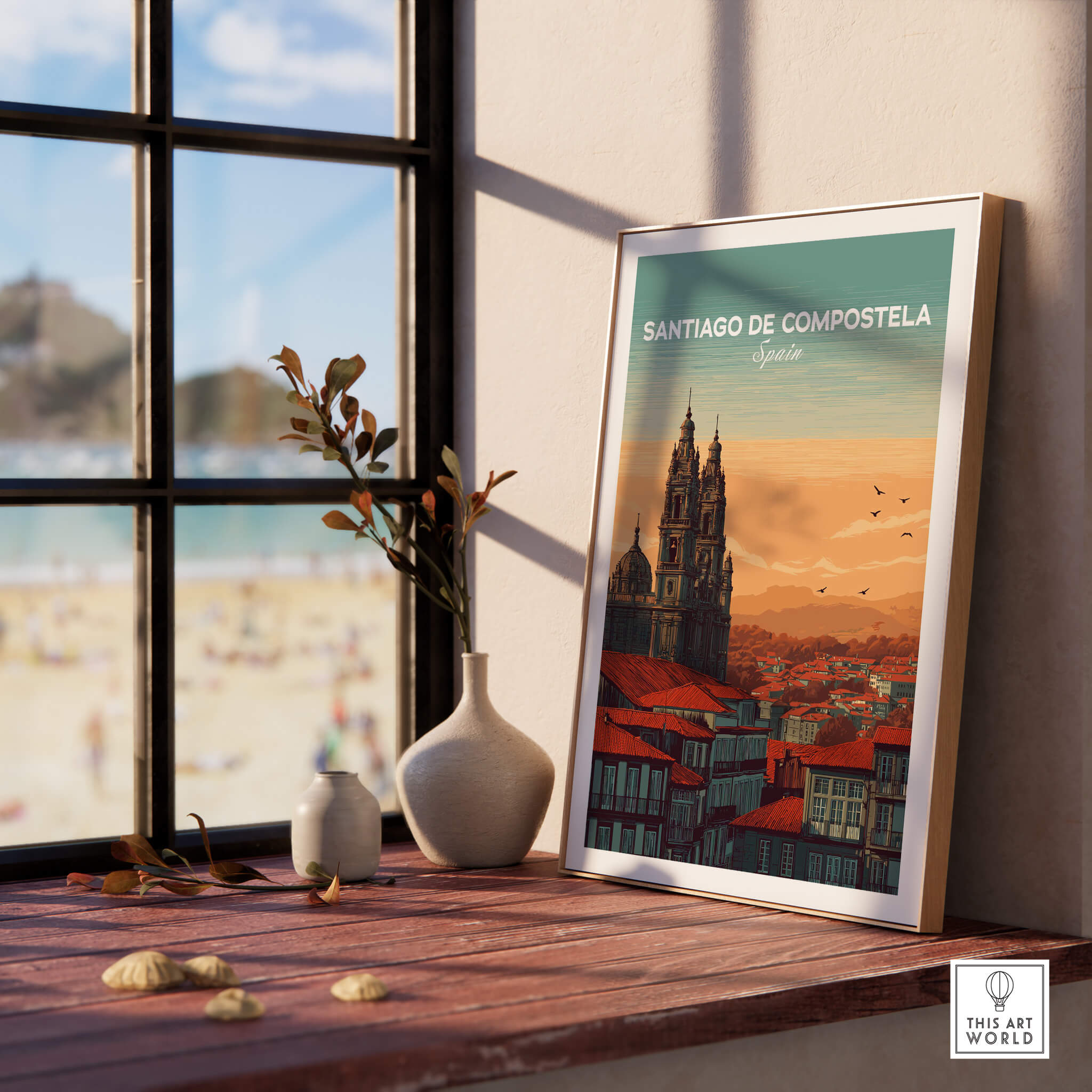 Santiago de Compostela Skyline Print | Spanish Travel Wall Decor displayed on a windowsill with a beach view.