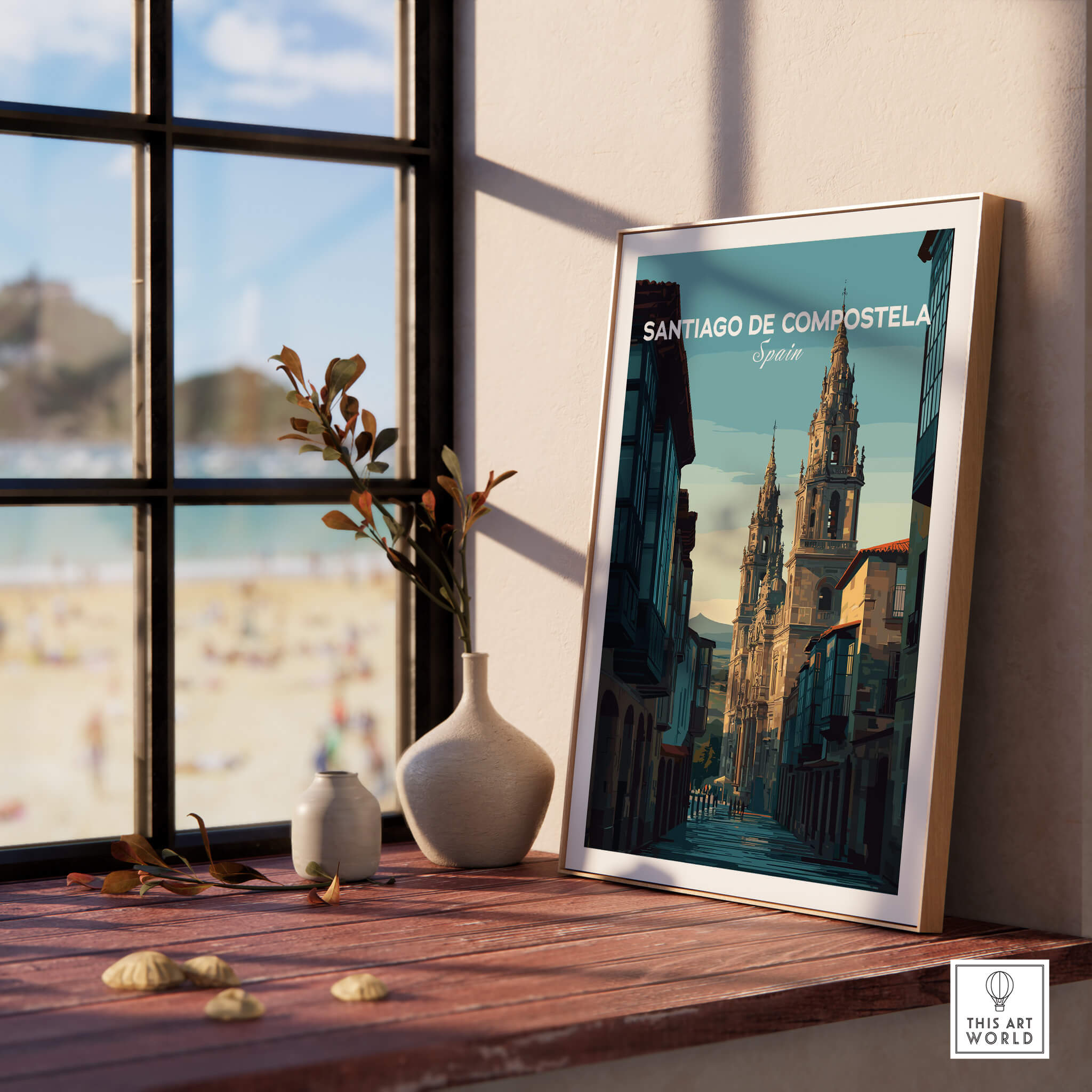 Santiago de Compostela Galician Old Town Architecture Print | Camino Wall Decor framed in a sunny room with a beach view.