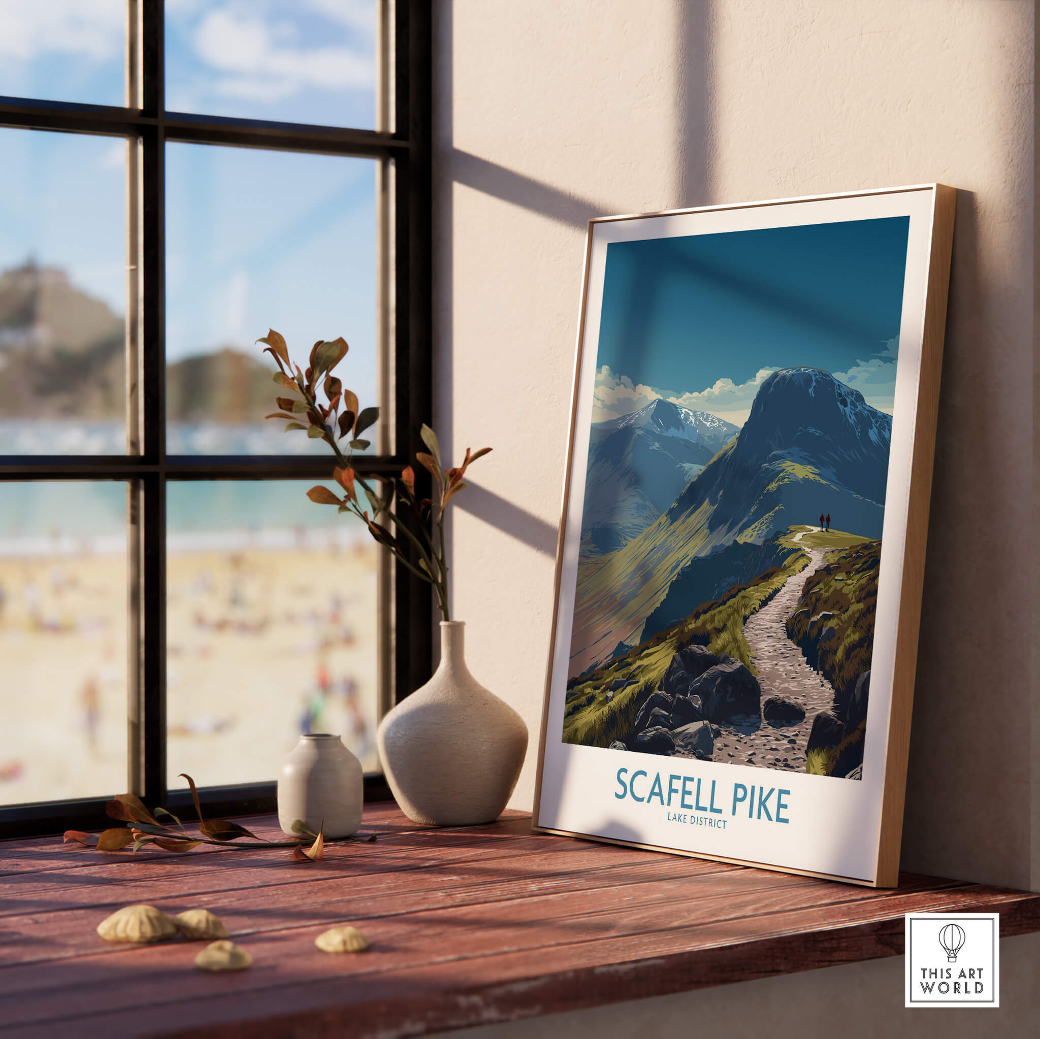 Scafell Pike Lake District Poster | Hiking Trail Landscape Canvas Print on display by a window with a beach view.