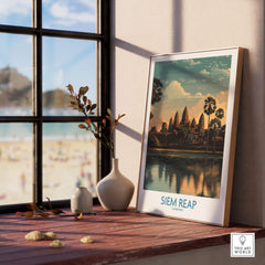 Siem Reap Canvas Print | Cambodia Khmer Poster displayed on a shelf near a window, showcasing ancient temple architecture.