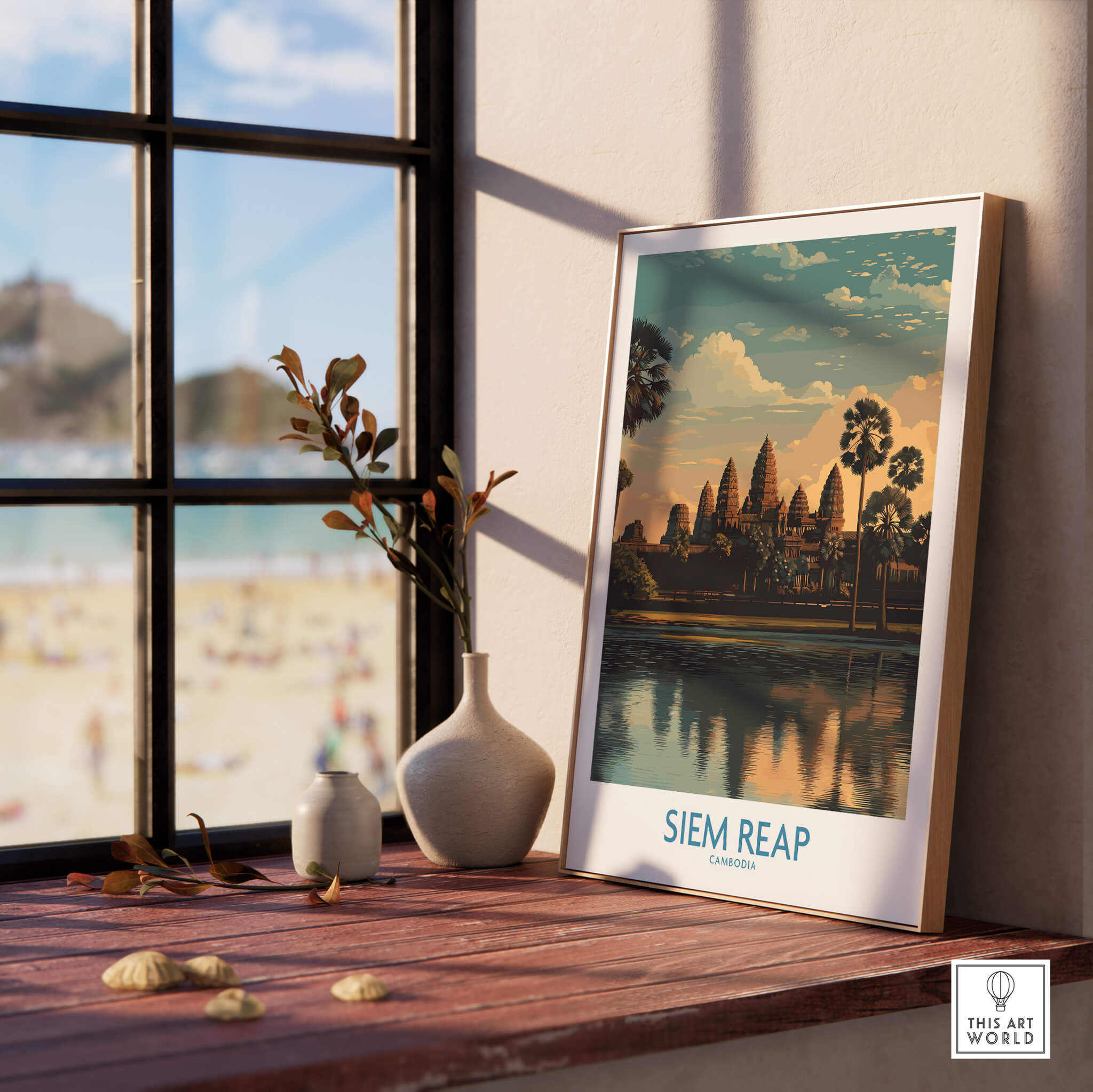 Siem Reap Canvas Print | Cambodia Khmer Poster displayed on a shelf near a window, showcasing ancient temple architecture.