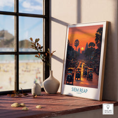 Siem Reap Poster | Bustling Tuk Tuk Cambodia Cityscape Canvas Print hanging in a bright, sunlit room.