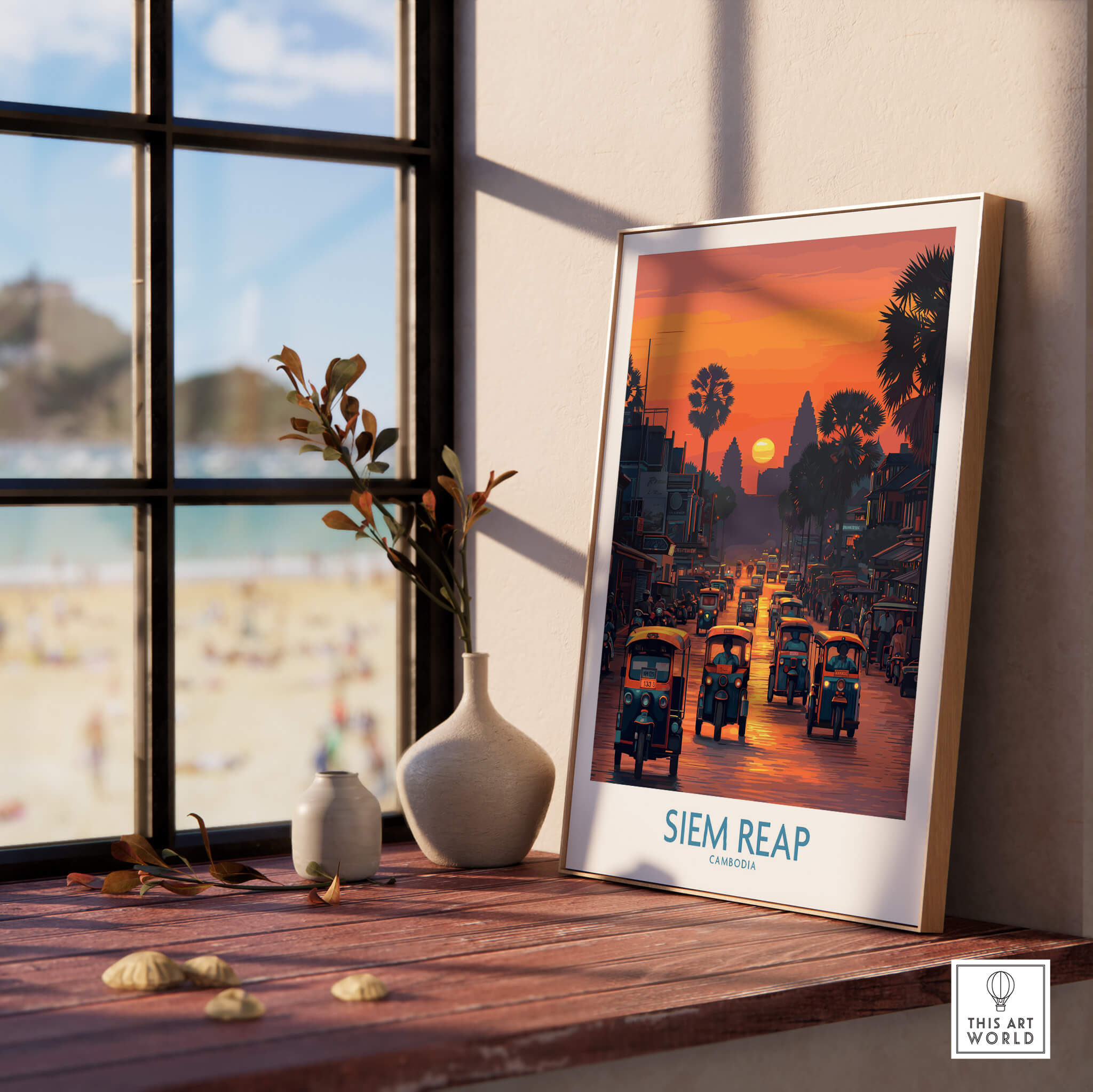 Siem Reap Poster | Bustling Tuk Tuk Cambodia Cityscape Canvas Print hanging in a bright, sunlit room.