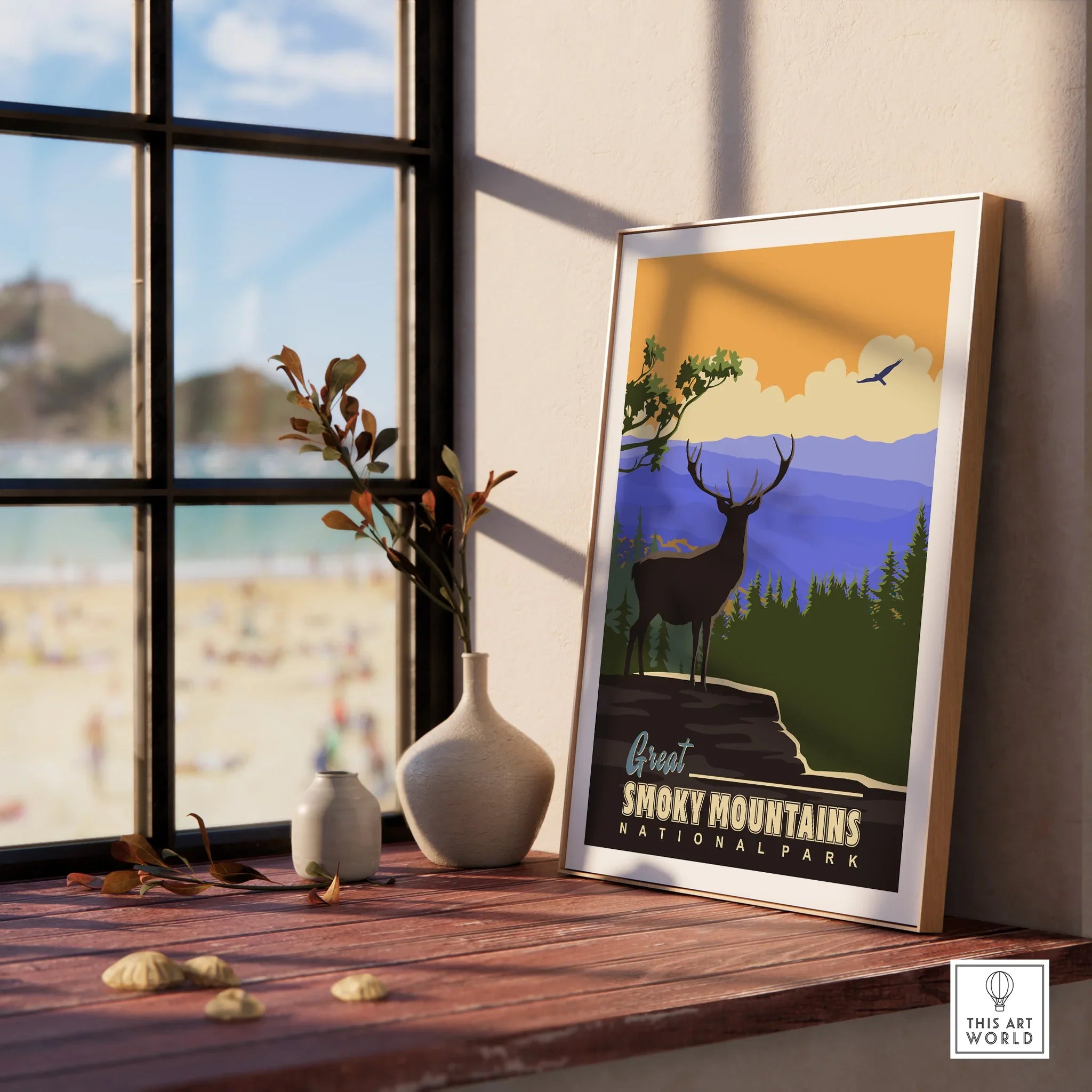 Framed Great Smoky Mountains National Park print on windowsill with vases and natural light.