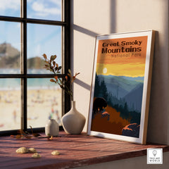 Framed Great Smoky Mountains National Park travel poster on a windowsill with vases