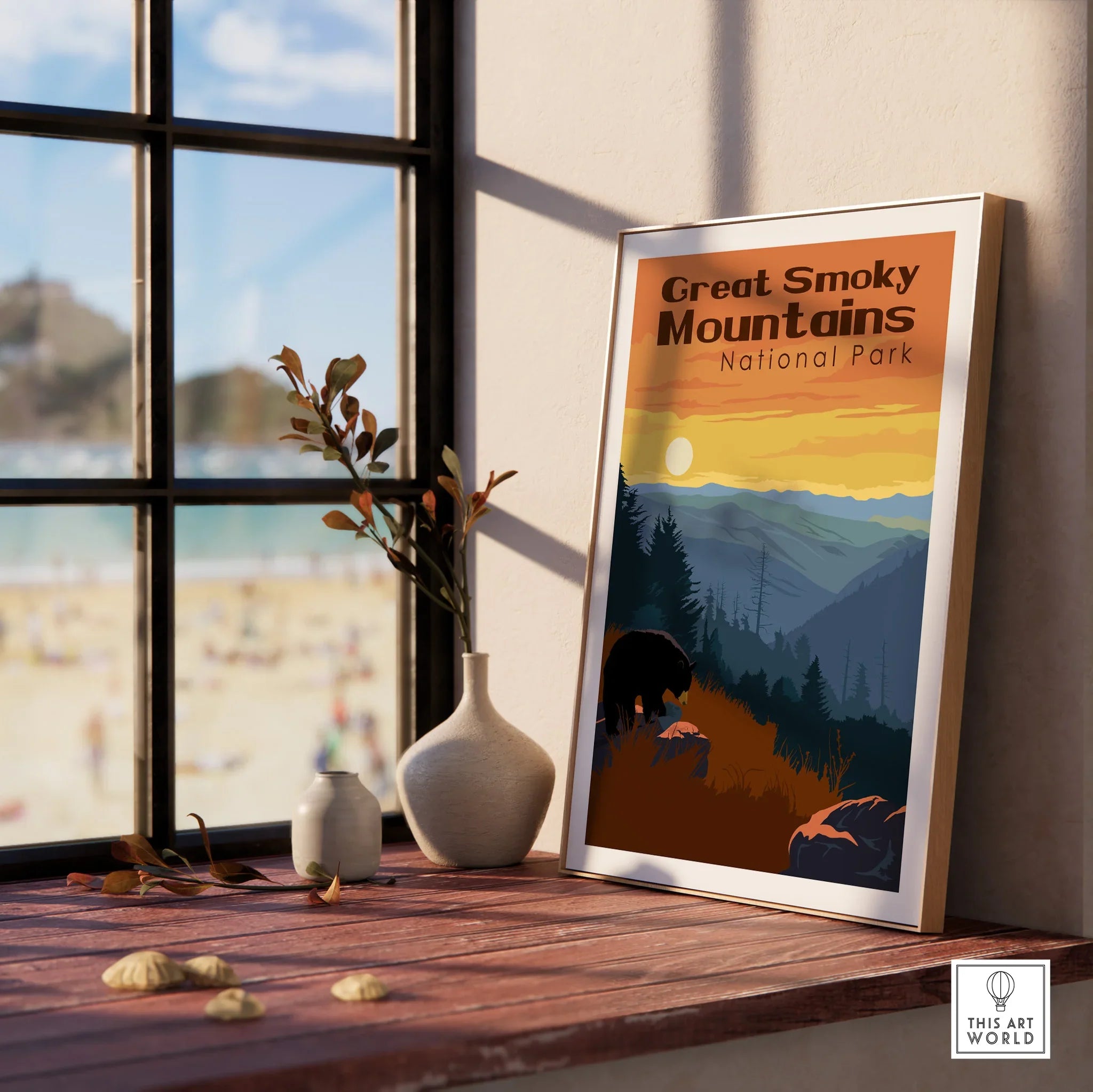 Framed Great Smoky Mountains National Park travel poster on a windowsill with vases