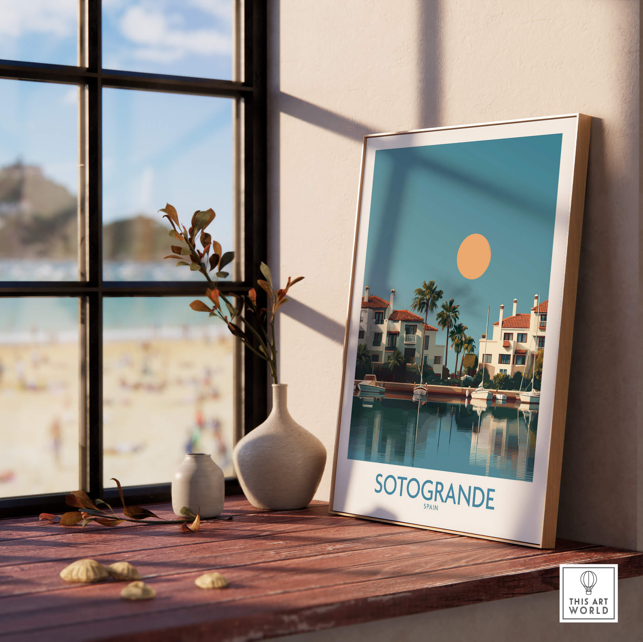 Sotogrande Spain Canvas Print | Mediterranean Waterfront Scenery Poster displayed in a stylish interior setting.