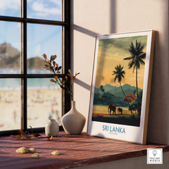 Sri Lanka Poster | Tropical Palm Tree & Elephant Canvas Print featuring elephants and palm trees in a scenic interior setting.