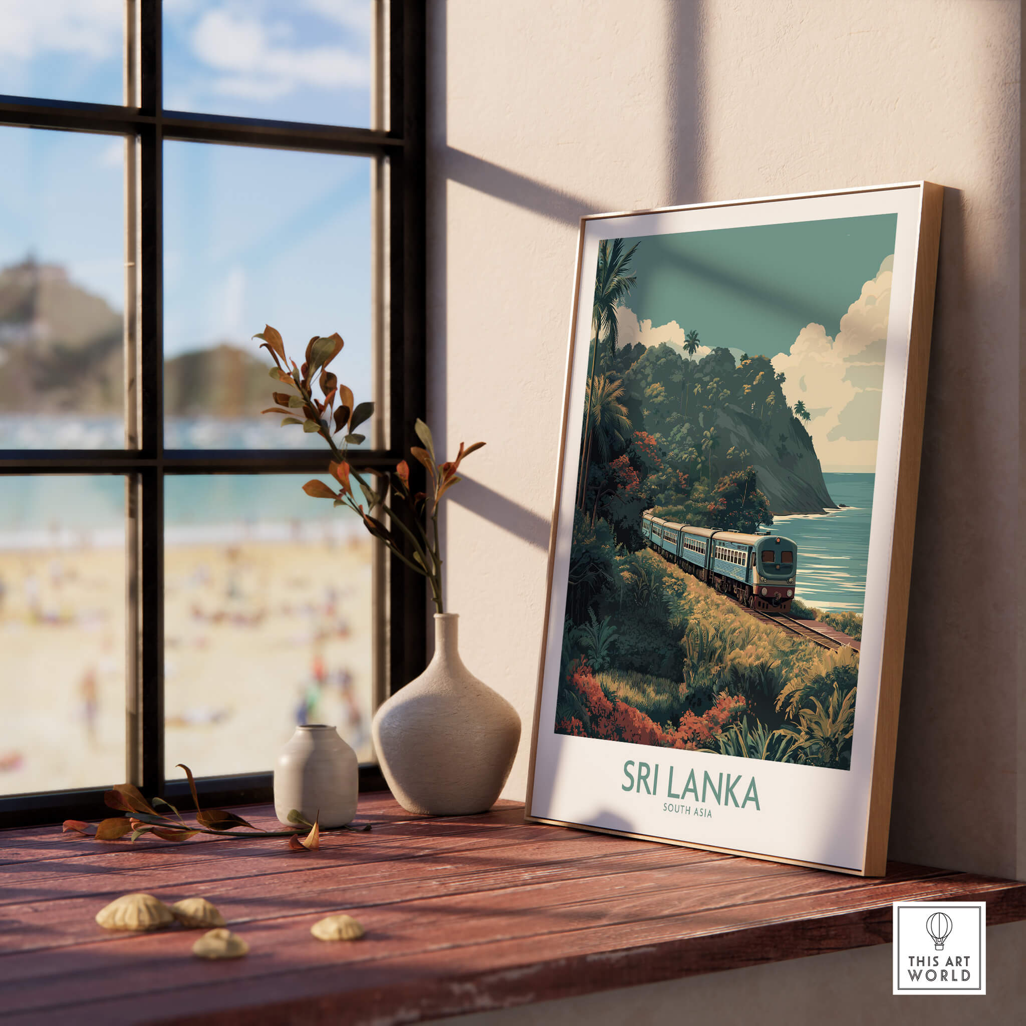 Sri Lanka Poster | Tropical Railway Canvas Print showcasing a train by a tropical landscape and ocean view.
