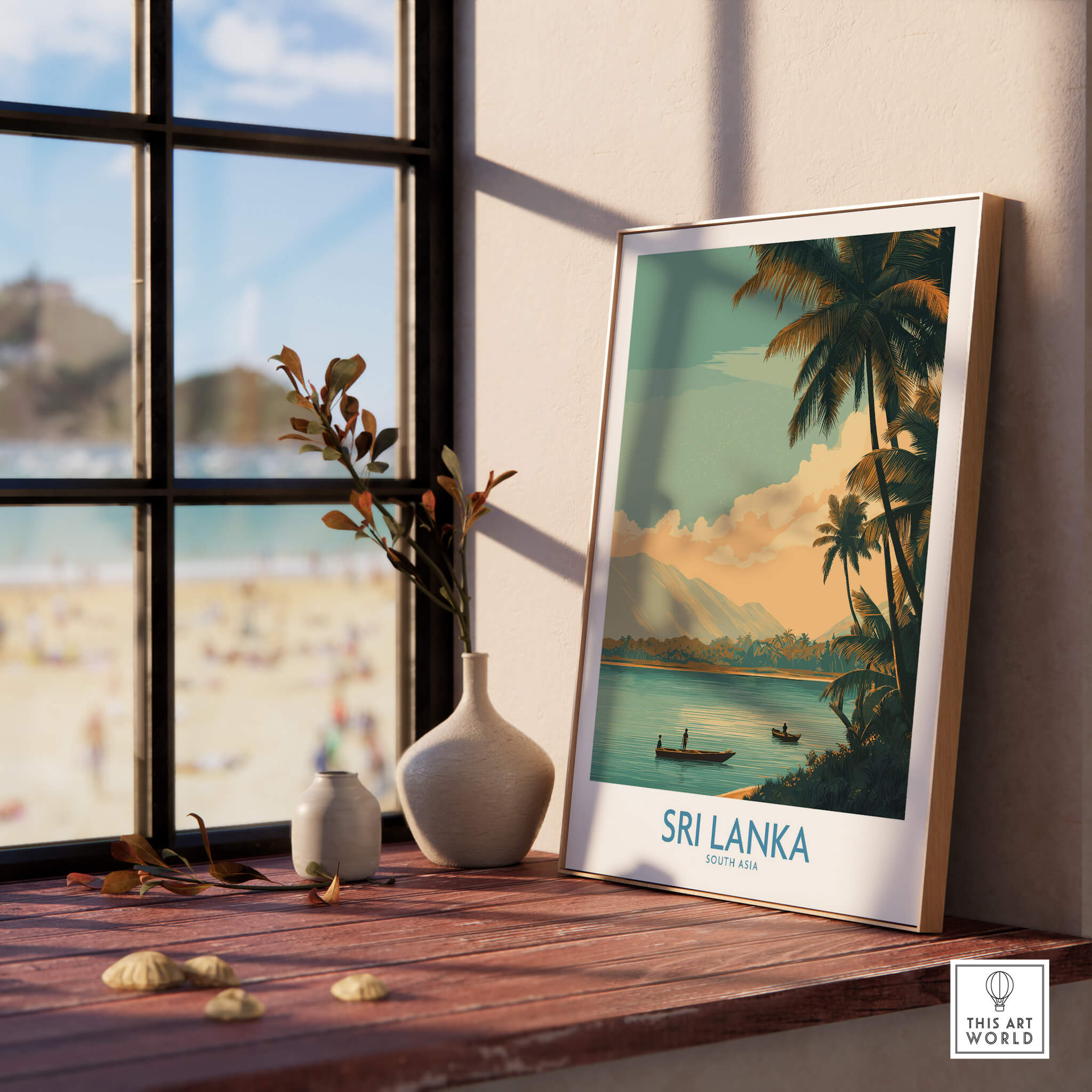 Sri Lanka Canvas Print | Traditional Boat Scene Poster displayed on a table near a window with beach view.