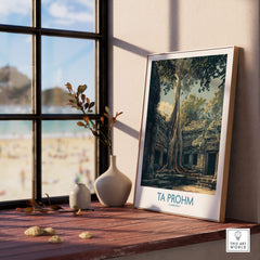 Ta Prohm Cambodia Canvas Print | Iconic Tree Root Ruins Poster displayed in a stylish room with beach view.
